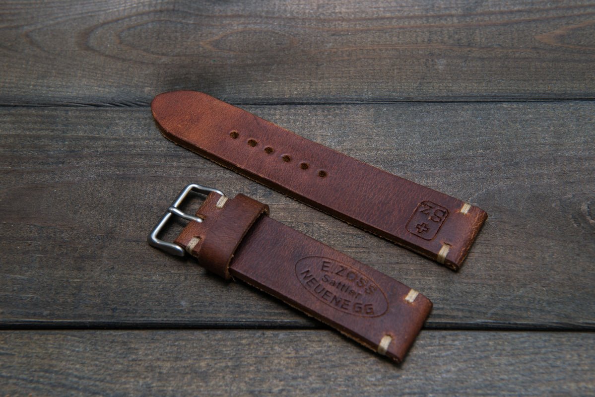Bracelet De Montre Cuir Caramel 20mm Fil Cuivre | Suisse Avec Tampon N°04 | Fait Main