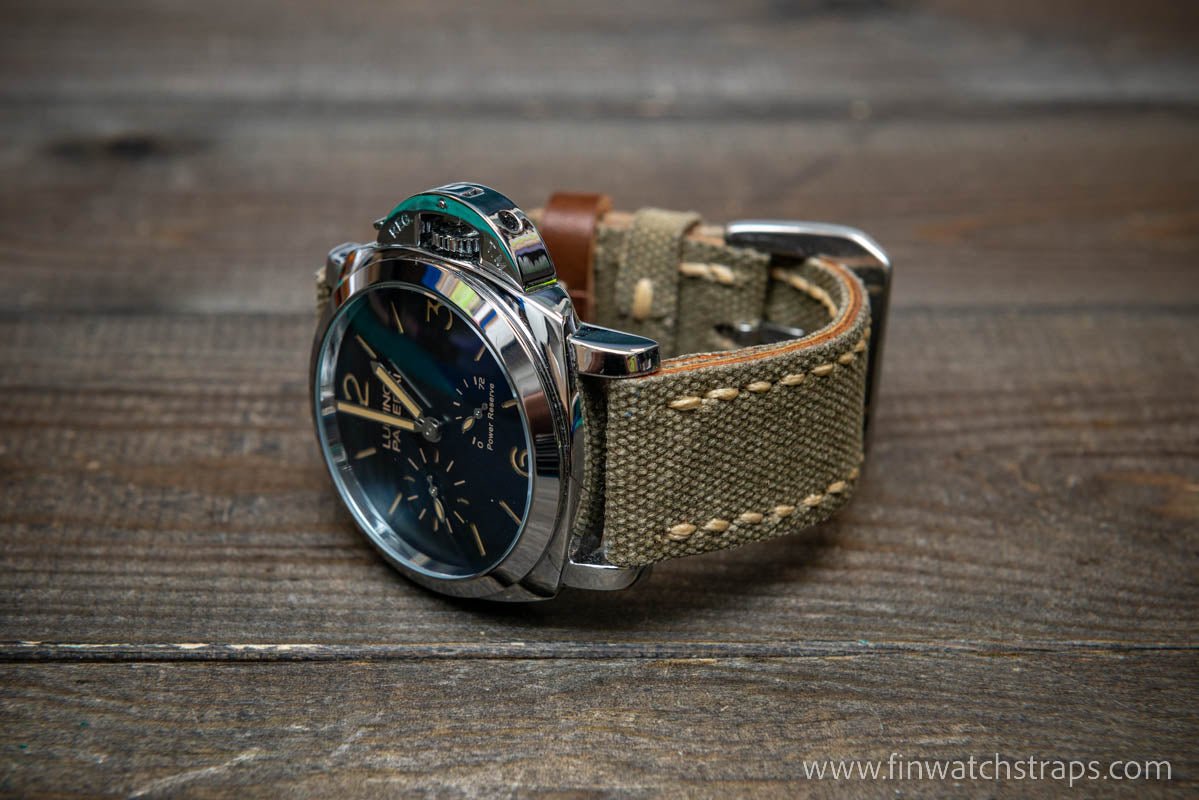 Vintage washed canvas watch strap, handmade to order, full customisation options