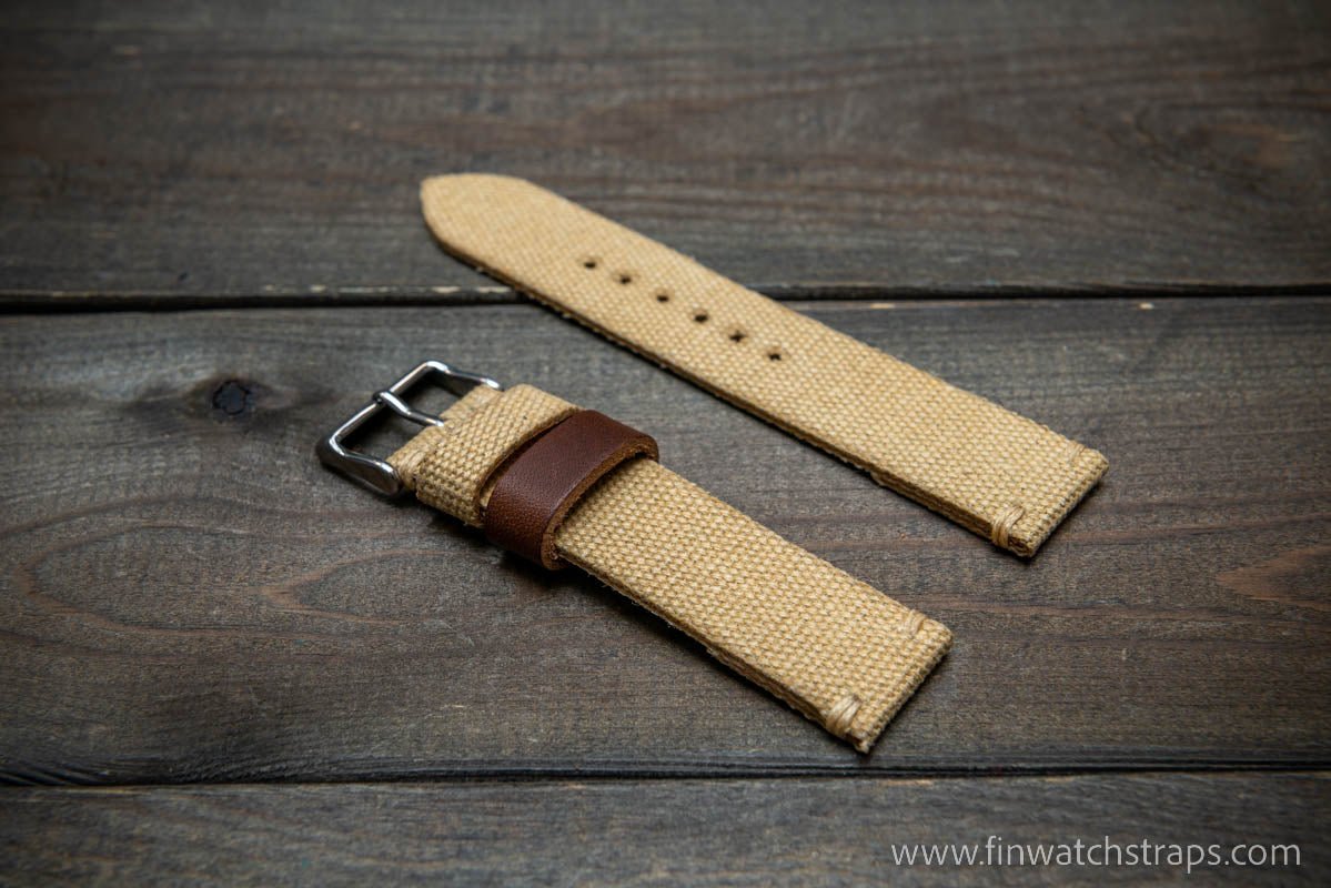 Vintage washed canvas watch strap, handmade to order, full customisation options