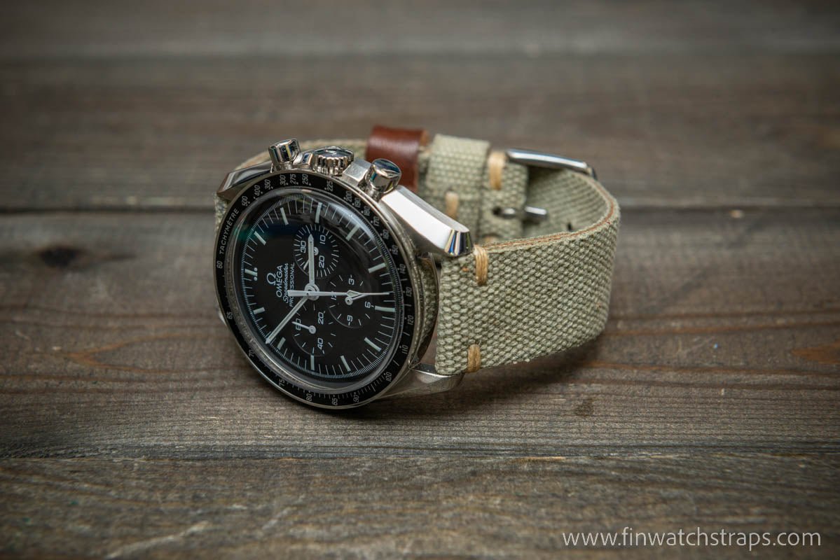 Vintage washed canvas watch strap, handmade to order, full customisation options.